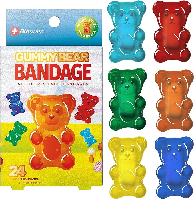 BioSwiss Bandages, Gummy Bear Shaped Self Adhesive Bandage, Latex Free Sterile Wound Care, Fun First Aid Kit Supplies for Kids, 24 Count
