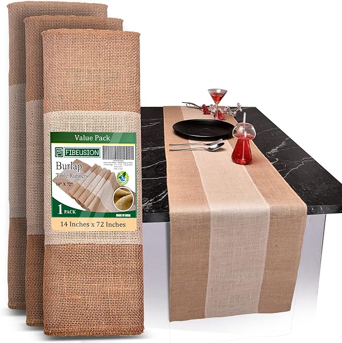 Burlap Table Runners (Pack of 1) – 14”x 72” - No-Fray Finished Edge Burlap Runner – No Odor Farmhouse Style White Stripe on Natural Table Runner - Perfect for Christmas, Wedding, Thanksgiving