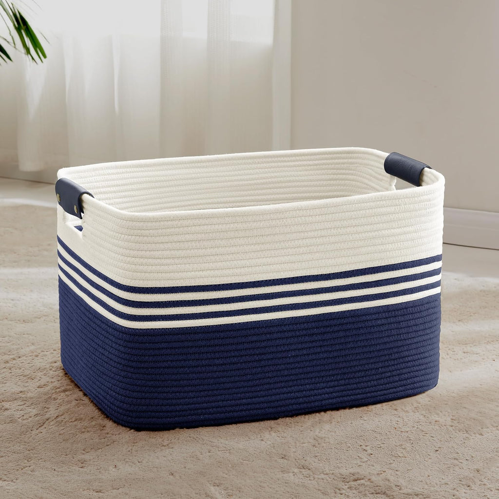 72L Large Laundry Basket with Leather Handles for Living Room Storage, Woven Rope Baskets Bin for Blanket, Kids Toy, Gifts, Wicker Hamper for Bedroom Dirty Clothes, 22"x17"x12" White Navy