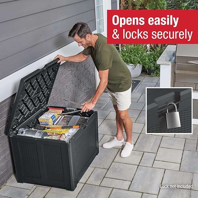 Rubbermaid Medium Resin Outdoor Storage Deck Box (74 Gal), Weather Resistant, Black, Deck Organization for Home/Backyard/Pool Chemicals/Toys/Garden Tools/Porch/Patio Cushions