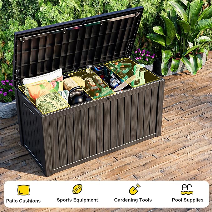 DRATO 150 Gallon Outdoor Storage Box, Large Waterproof Deck Box, Lockable Resin Storage Container with Reinforced Support for Patio Cushions, Garden Tools, UV-Resistant Outdoor Chest（Black）
