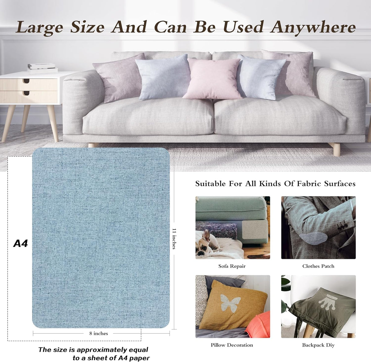 KING MOUNTAIN Fine Linen Fabric Patches, Self-Adhesive, 8x11 inch, 2 PCS, Multi Color, For Linen Sofa and Clothes Repair (Blue Grey, 8" x 11" - 2PCS)