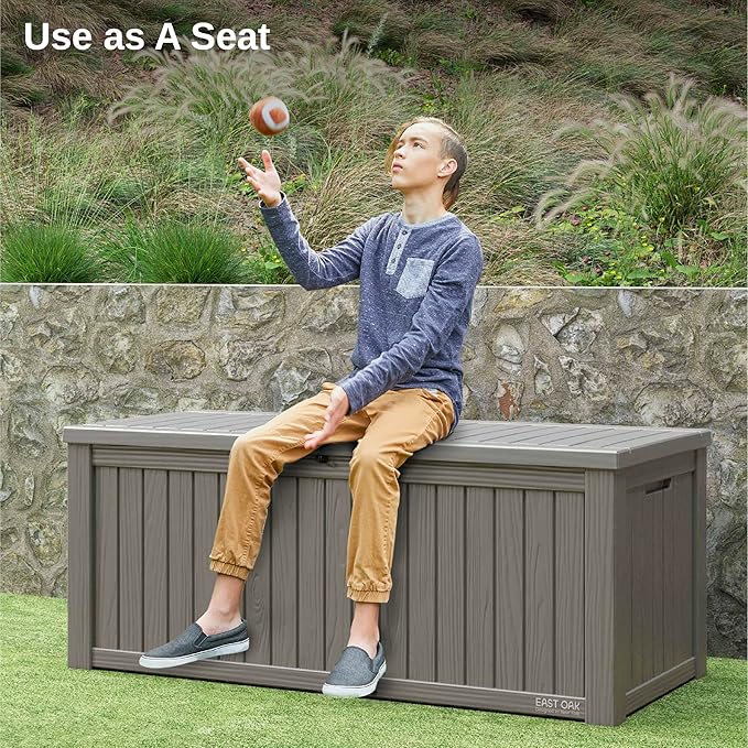 EAST OAK Outdoor Storage Box, 150 Gallon Deck Box, Large Resin Storage Bin for Patio Cushions, Gardening Tools, Lockable, Waterproof and UV Resistant, Grey