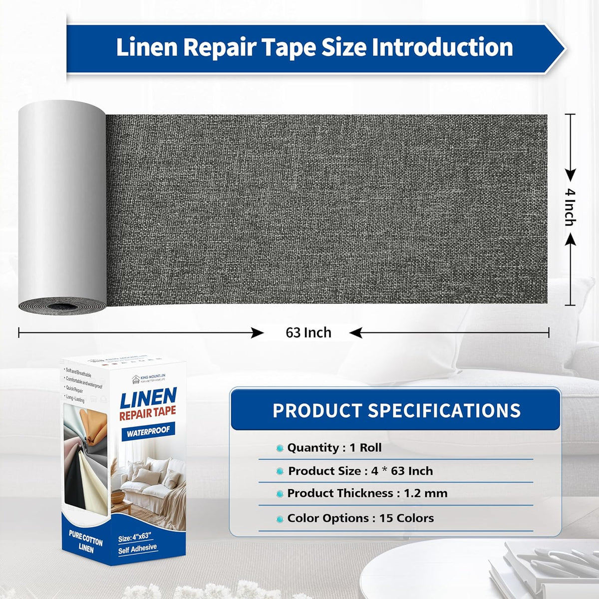 KING MOUNTAIN Linen Repair Patches, Self-Adhesive Fabric Patches, 4 X 63 inch Extra Size, Multi Color, Can be Used for Sofa Repair and Linen Clothes Repair (Dark Grey2.0)