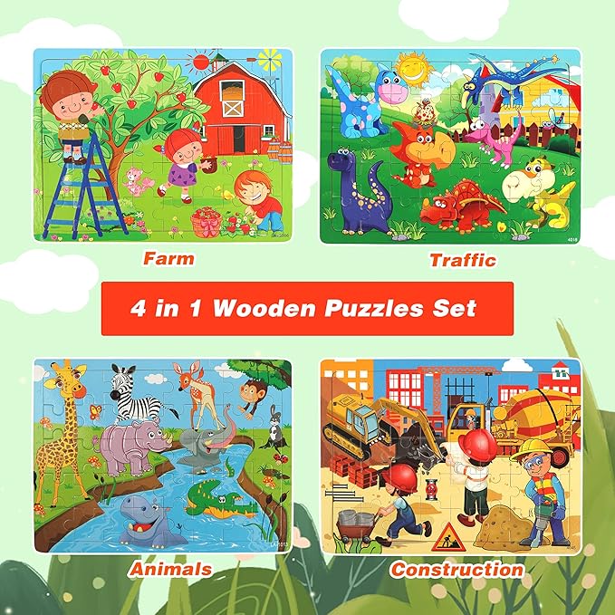 SYNARRY Puzzles for Kids Ages 4-8, 4 Pack Wooden Jigsaw Puzzles for Kids Ages 3-5 Years Old 40 Pieces, Preschool Puzzle Toy Gift for Children Boys and Girls, Farm Dinosaur Animal Construction Theme