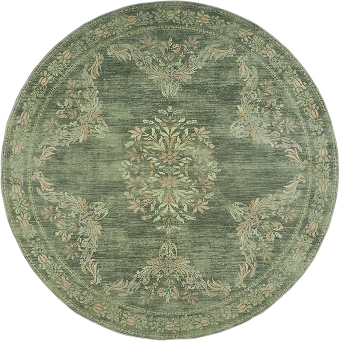 jinchan Round Rug 7ft Area Rugs,Vintage Floral Distressed Design Machine Washable Soft Non-Slip Low-Pile Ultra-Thin Circle Rug for Living Room Dining Room Bedroom Home Office (7' Round,Dark Green)