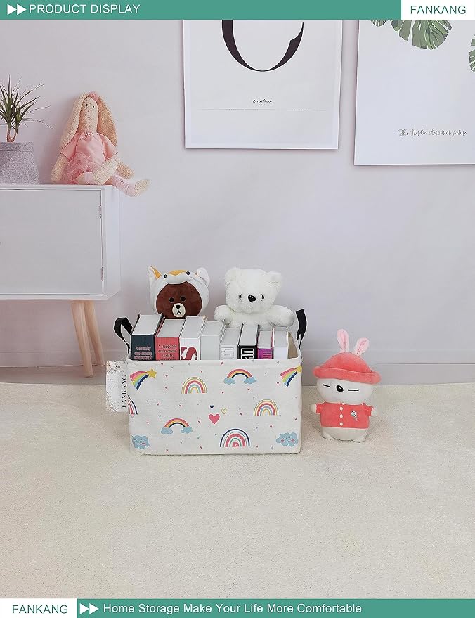 FANKANG Storage Bins, Nursery Hamper Canvas Laundry Basket Foldable with Waterproof PE Coating Large Storage Baskets for Kids Boys and Girls, Office, Bedroom, Clothes,Toys(Rec-Love Rainbow