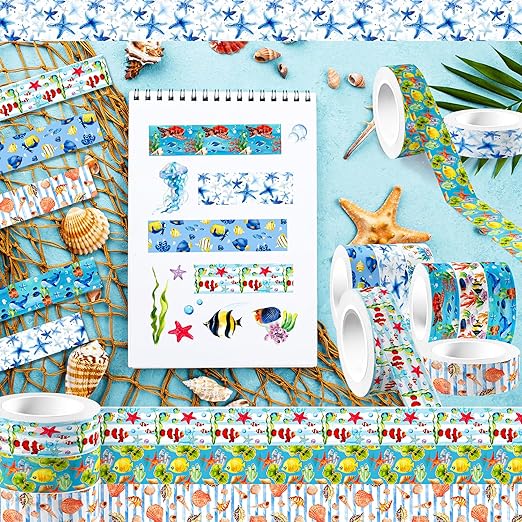 12 Rolls Blue Ocean Washi Tape, Underwater World Masking Tapes, Sea Animal Cartoon Decorative Tape for Arts, DIY Crafts, Journals, Planners, Scrapbook, Wrapping 16.4FT