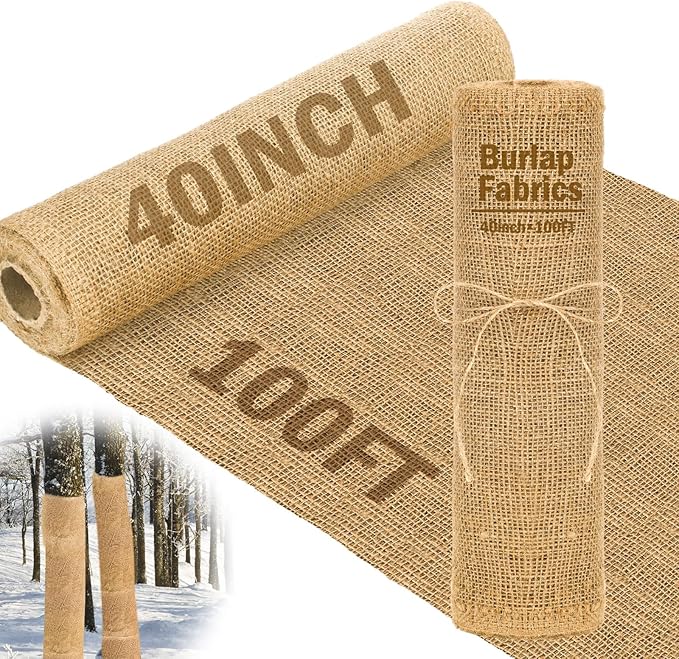 Buryeah 40 Inch x 100 ft Burlap Fabrics Roll Natural Jute Burlap Tree Wraps Protector Winter Frost Plant Blankets Cloth Weed Barrier Fabric Garden Plants for Winter Outdoor Trees Shrubs Party