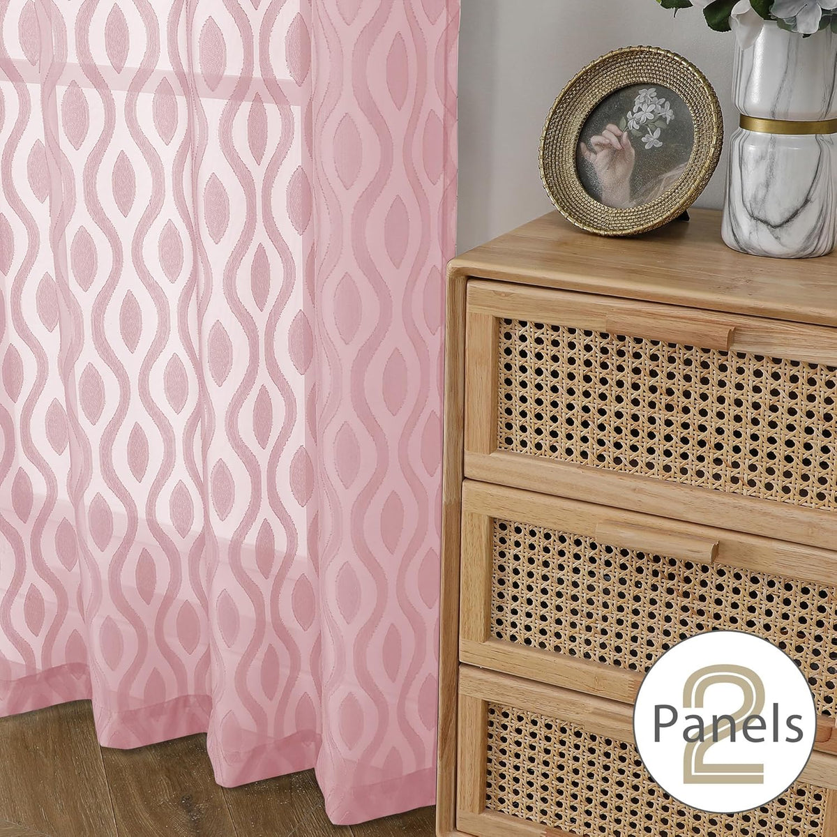 Aiyufeng Pink Curtains Kitchen 14 Inch Length, Clip Jacquard Chic Wavy Line Blush Valances for Windows, Lightweight Airy Rod Pocket Short Curtains for Bathroom Basement, 2 PCS, 40" Wx14 L Inches