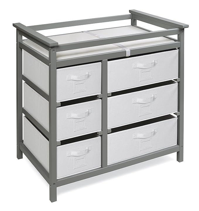 Badger Basket Modern Baby Changing Table - Diaper Station Organizer with 6 Storage Drawers, Reversible Baskets, Safety Rails - Baby Nursery Furniture with Changing Pad and Belt - Gray