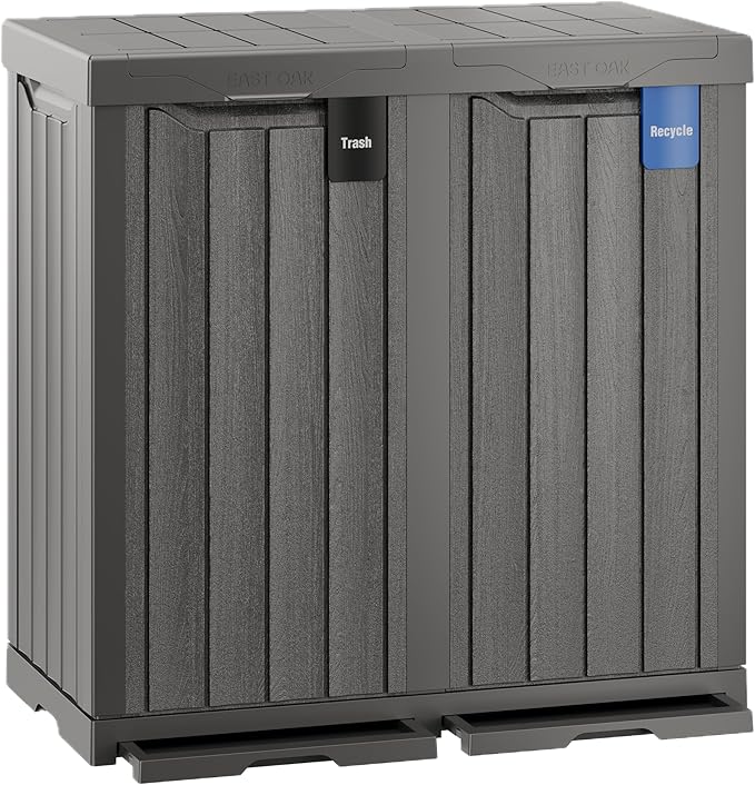 EAST OAK 62 Gallon Outdoor Trash Can | Waterproof Resin Garbage Can with Recycle and Garbage Labels | Secure Bag Lip Lock and Drip Tray | Outside Trash Bin for Patio | Kitchen, Backyard or Deck | Gray