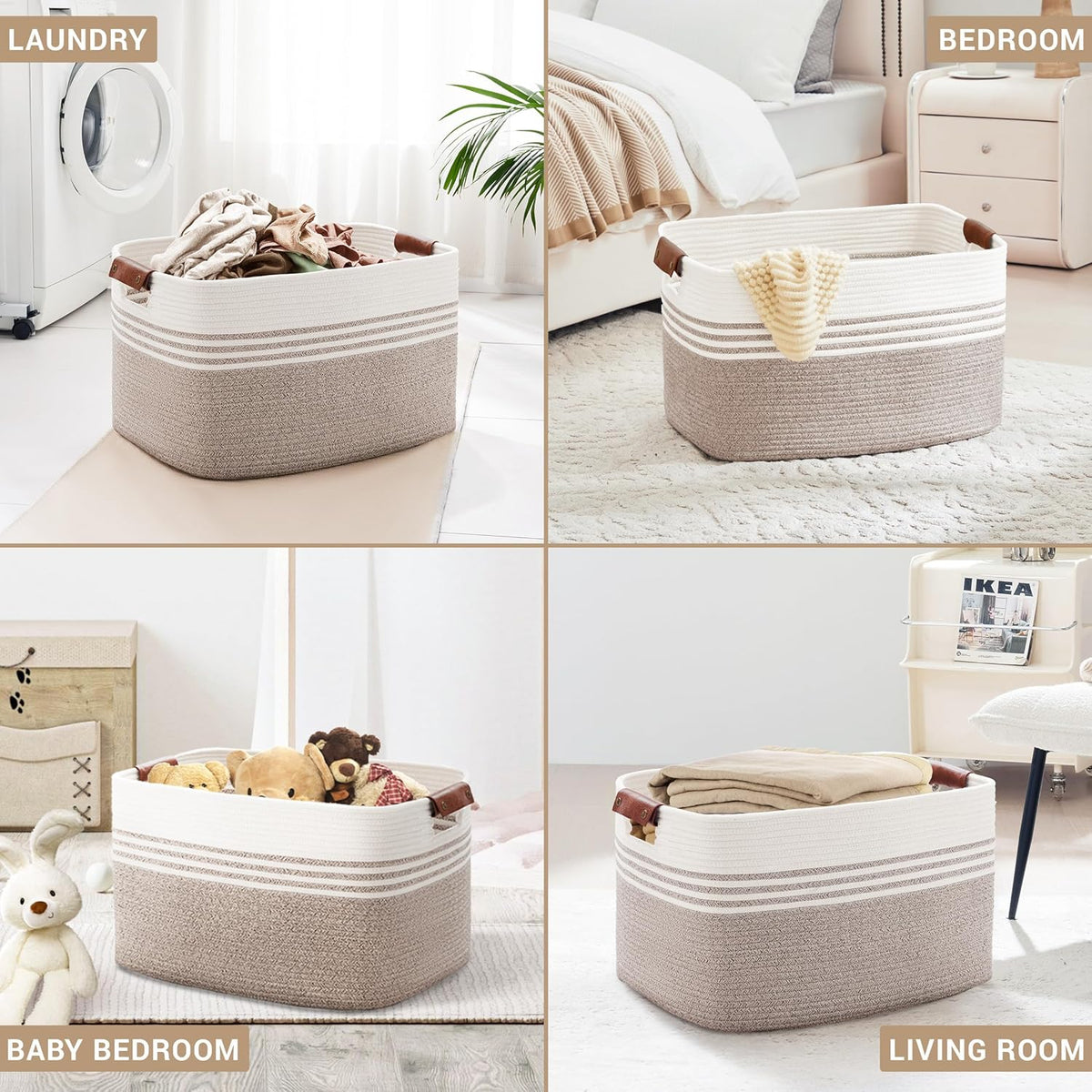 86L Extra Large Laundry Basket with Leather Handles for Living Room Storage, Woven Rope Baskets for Blanket, Kids Toy, Gifts, Wicker Hamper for Bedroom Dirty Clothes, 24"x16"x14" White Brown