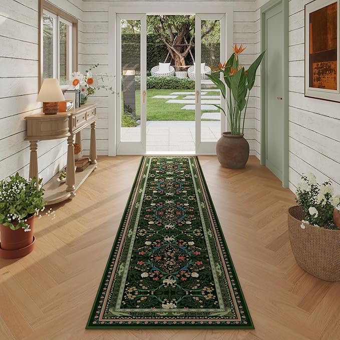 Runners for Kitchen Runner Rug Non Slip 2'x10' Long Washable Rugs with Rubber Backing Soft Vintage Floral Botanical Carpet Runner for Kitchen, Laundry, Bedroom, Bathroom, Green