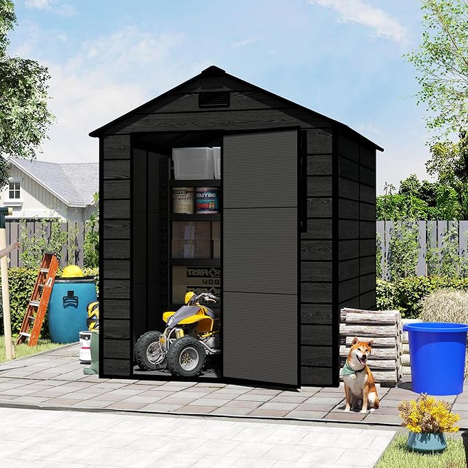 6x6 ft Outdoor Storage Shed,Garden Shed W/Window,Resin Storage Shed W/Air Vent & Lockable Door,Weatherproof Tool House W/Sloped Roof,for Backyard Patio Lawn,Black
