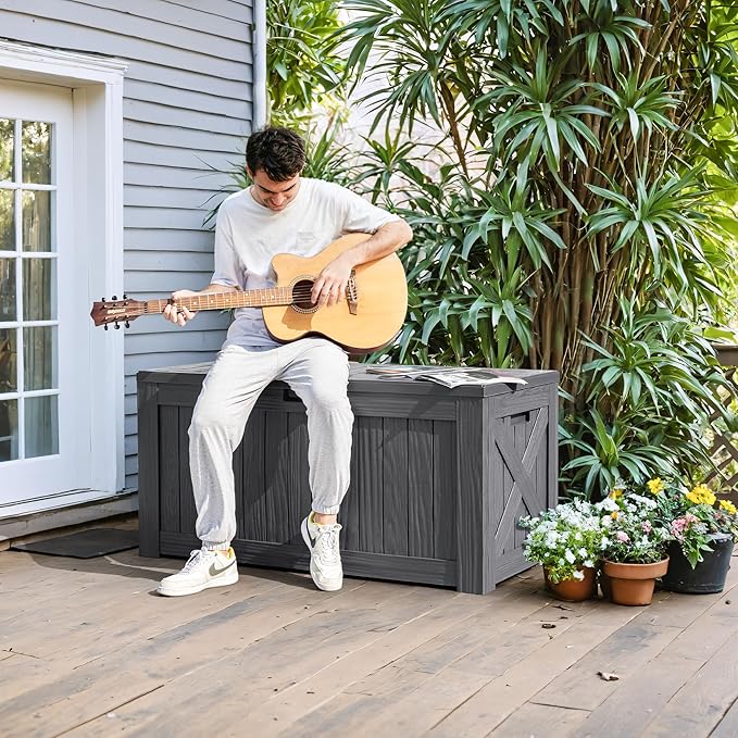 Greesum 120 Gallon Deck Box, Resin Outdoor Storage Container for Patio Furniture, Garden Tools, Pool Accessories, Weatherproof, Lockable, Gray