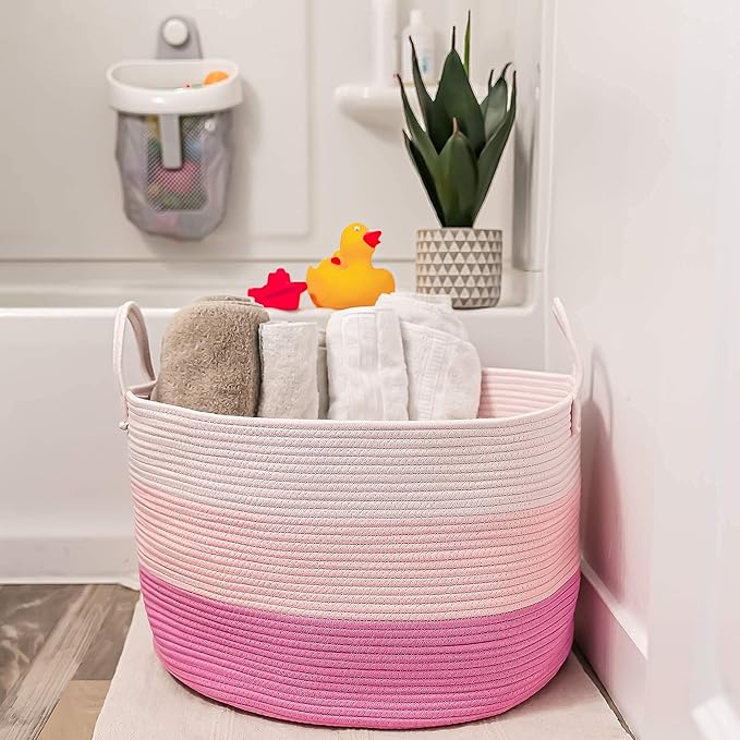 OrganiHaus Toy Storage Basket for Kids, Large Cotton Rope Organizer Bin for Nursery, Toy Box, Blanket Holder, Baby Hamper for Living Room, Soft & Washable, 20x13 inches - Pink