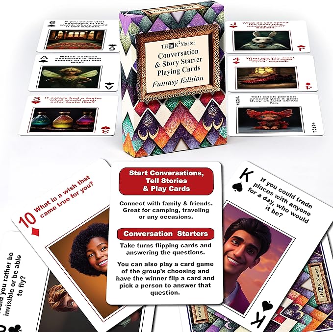 THINK2MASTER Fantasy Edition Playing Cards, 54 Cards with Family Friendly Questions & Images for Conversations, Story Starters - Tabletop Game