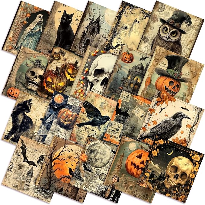 Ganeen 60 Pcs 10 x 10 Inch Vintage Halloween Quilting Fabric Squares Spooky Gothic Fabric Bundle Pumpkin Skull Black Cat Fat Patchwork Precut Stripe for Holiday Handmade Material Sewing DIY Craft