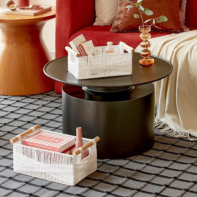 LA JOLIE MUSE Wicker Storage Baskets for Organizing, Recyclable Paper Rope Basket with Wood Handles, Decorative Hand Woven Basket Organizers for Makeup Books Shelves Living Room, White, Set of 2