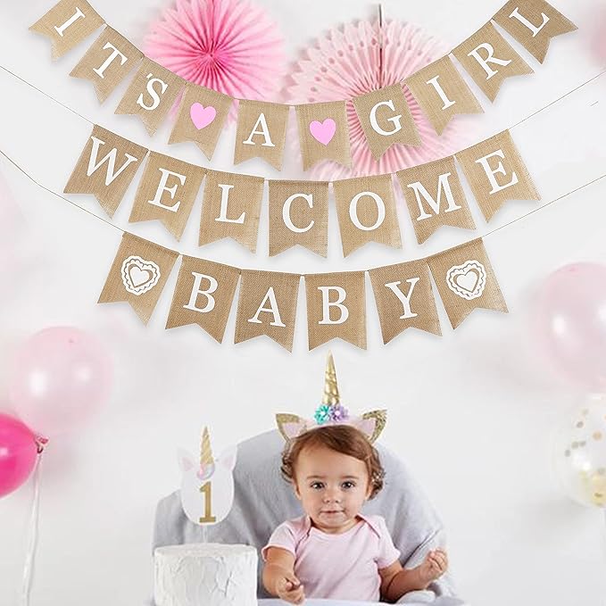 MEEDEE Burlap Banner Welcome Baby Girls Banner Rustic Baby Shower Party Favors Decorations Banners and Signs Baby Shower Bunting Pink (3 Pieces)