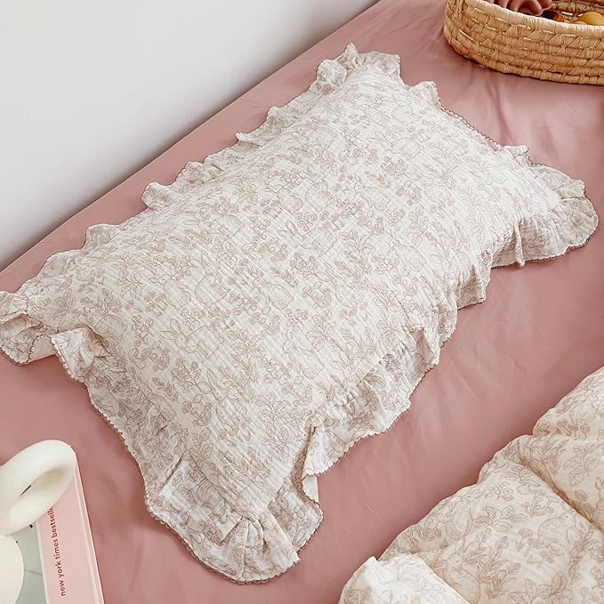 BuLuTu Muslin Cotton Pillowcase King Pillow Cover for Kids Adults Cute Rabbits Flower Pattern Pillowcases with Envelope Closure, 20x36 inch, 1 Piece, Forest, Machine Washable