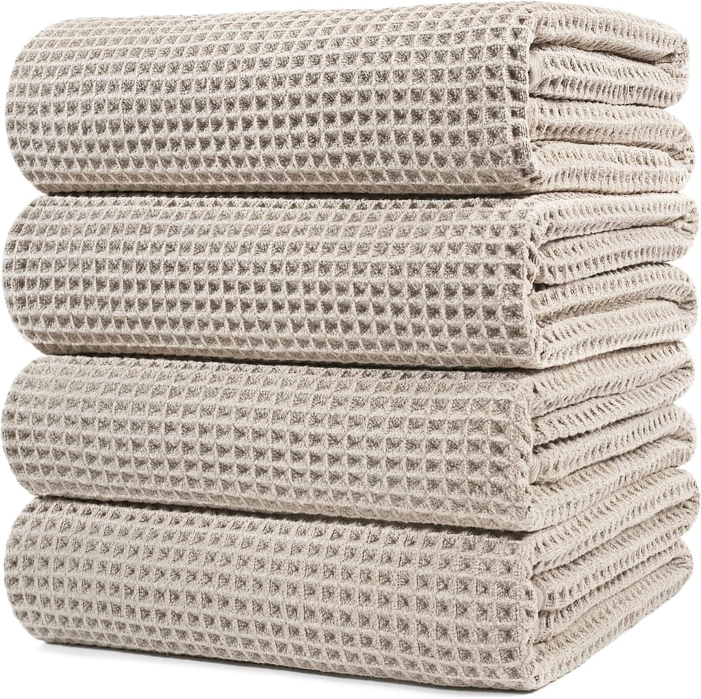 POLYTE Microfiber Oversize Quick Dry Lint Free Bath Towel, 60 x 30 in, 4 Pack (Waffle Weave)