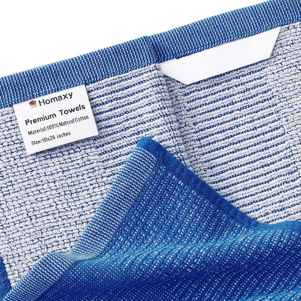 Homaxy Premium Kitchen Towels(18”x 28”, 6 Pack), Large Cotton Kitchen Hand Towels, Flat and Terry Dish Towels, 380 GSM Highly Absorbent Tea Towel Set with Hanging Loop, Blueberry