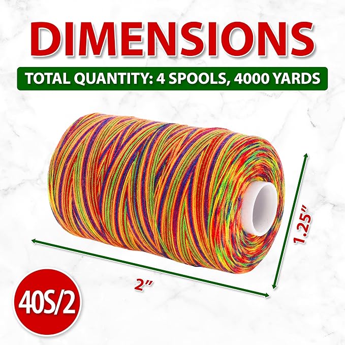 Mandala Crafts 4 Pack of Serger Threads Cones Spools - 40S/2 4000 Yards Polyester Rainbow Threads for Sergers Machine and Overlock Quilting Sewing Machine