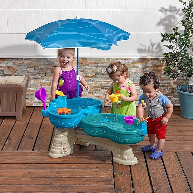 Step2 Spill & Splash Seaway Water Table, Kids Two-Tier Water and Sand Activity Sensory Playset, Comes with Umbrella, Summer Outdoor Toys, 11 Piece Toy Accessories, For Toddles 1.5+ Years Old