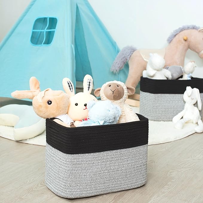 MINTWOOD Design 3-Pack Storage Baskets for Shelves, Playroom Classroom Storage Basket, Book Basket, Decorative Storage Cube Bins, Woven Closet Organizers, Pantry and Shoe Organizer, Black Light Grey