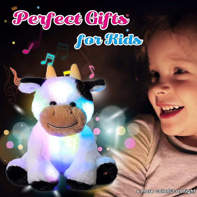 Cuteoy Glowing LED Cow Light-up Nightlight Toys Musical Plush Stuffed Animal Soft Singing Lullabies Birthday Christmas Plushies Gifts for Kids Boys Girls,10"
