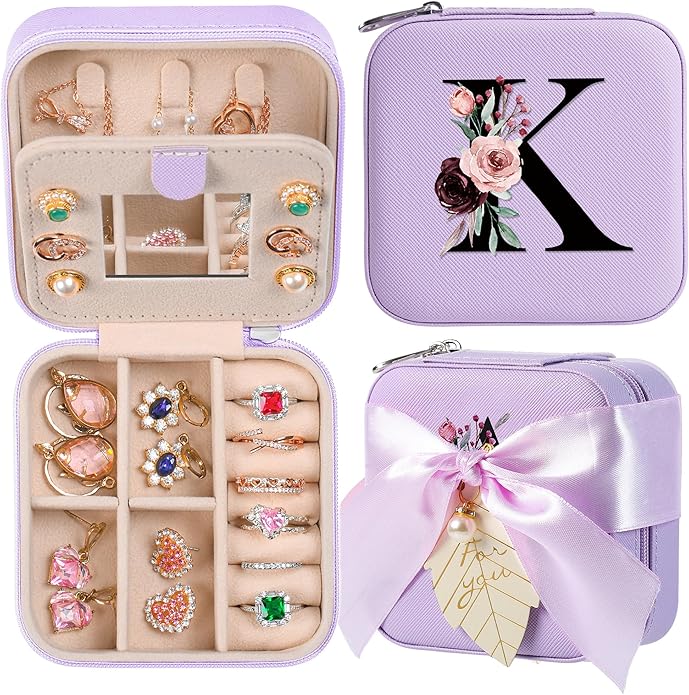 AYGXU Travel Jewelry Box for Women and Girls - Small Case With Initial A-Z - Teacher Gifts
