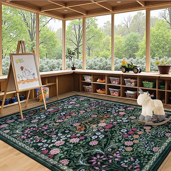 Area Rug Living Room Rugs: Floral 4x6 Washable Rug Vintage Soft Boho Non-Slip Carpet Indoor Floor Stain Resistant Large Carpets for Bedroom Dining Room Farmhouse Nursery Hallway Home Office Dark Green