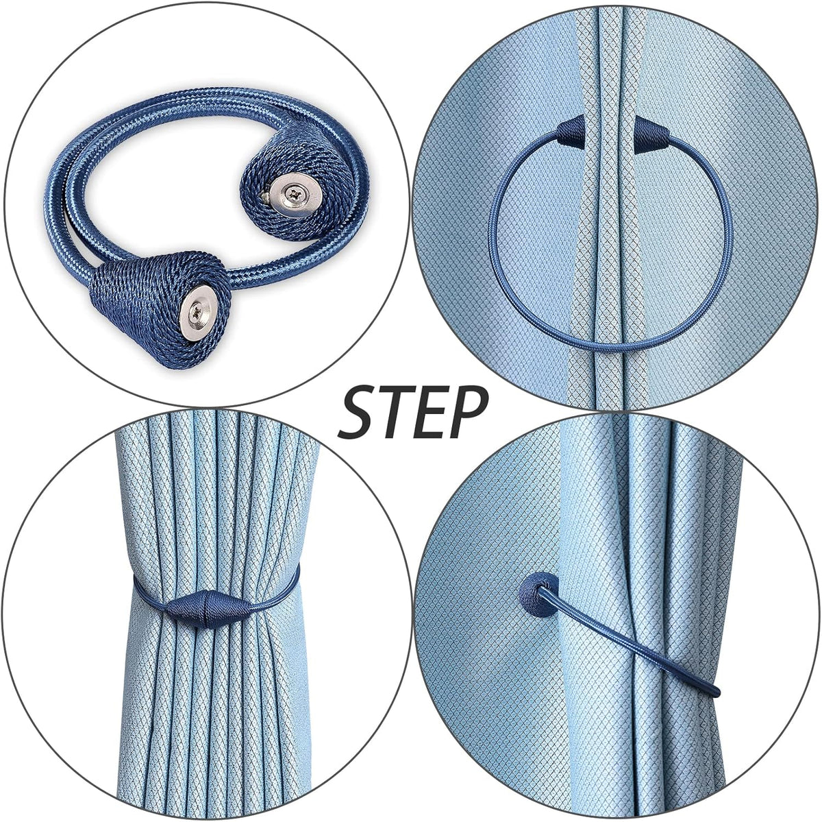 2 PCS Magnetic Curtain Tiebacks, European Style Convenient Drape Tie Backs Holdbacks for Thin or Thick Home & Office Window Draperies, No Tools Required-Light Blue