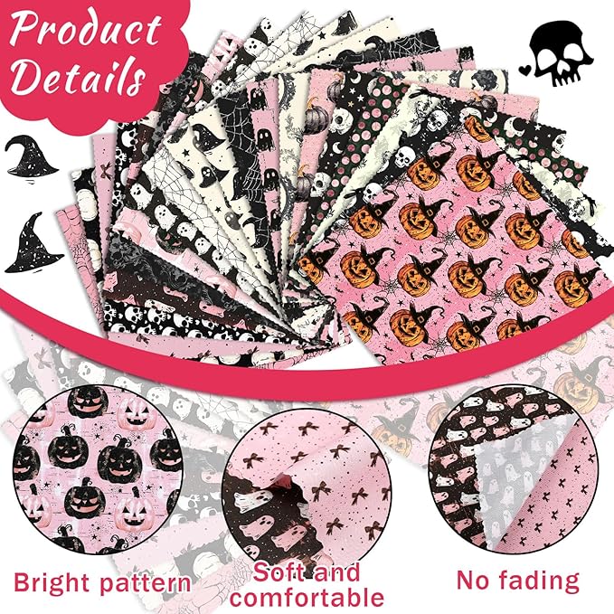 Ganeen 60 Pcs 10 x 10 Inch Pink Halloween Quilting Fabric Squares Vintage Pink Ghost Fat Patchwork Precut Strips Retro Pumpkin Skull Fabric Bundles for Holiday DIY Craft Sewing Quilt Material Handmade