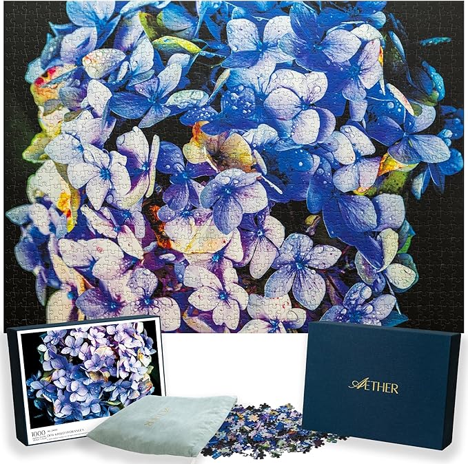 Dew Kissed Hydrangea Puzzle, Premium 1000 Piece Jigsaw Puzzle for Adults, Glare-Free, Soft-Touch Puzzles, Made in USA, 26.6" x 19.25"
