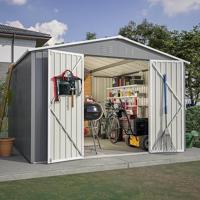 10×10 FT Outdoor Storage Shed,Metal Aluminum Waterproof Tool Sheds with Doors and Vents,Heavy-Duty Sheds Unit W/Lock and Key,for Storing Bicycles,Lawnmowers,Barbeques,Gray