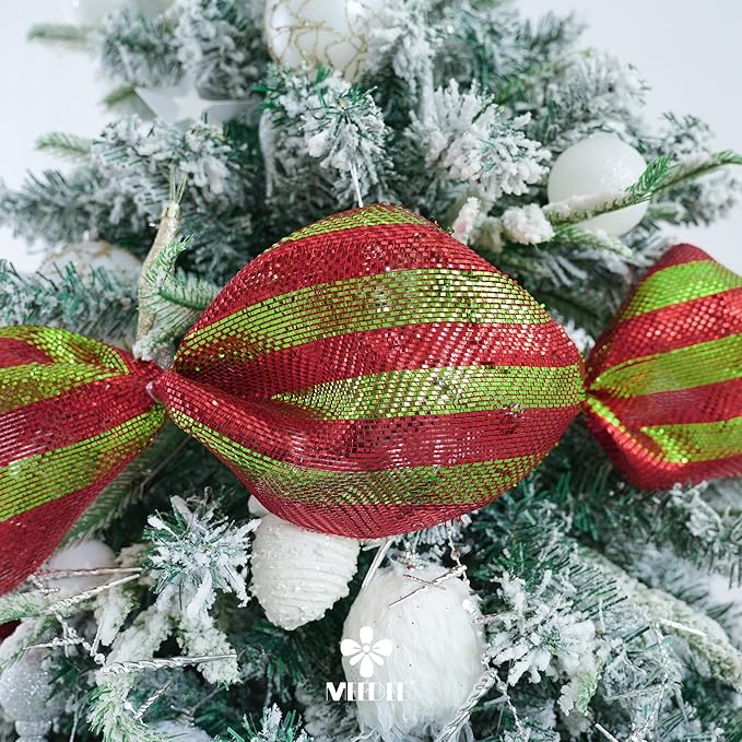 MEEDEE Red and Lime Deco Mesh 10 Inch Deluxe Foil Metallic Striped Deco Mesh Wreath Supplies Red and Green Christmas Mesh Ribbon for Christmas Tree, Garland, Gift Wrapping, Bows Making (30 Feet)
