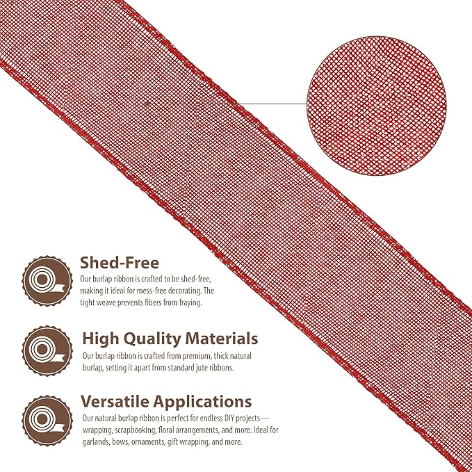 Mandala Crafts Red Burlap Wired Ribbon 2.5 Inches Wide Jute Ribbons for Crafts - 10 Yds Roll Rustic Burlap Wrap Trim Ribbons for Wreaths Bows Party Decoration