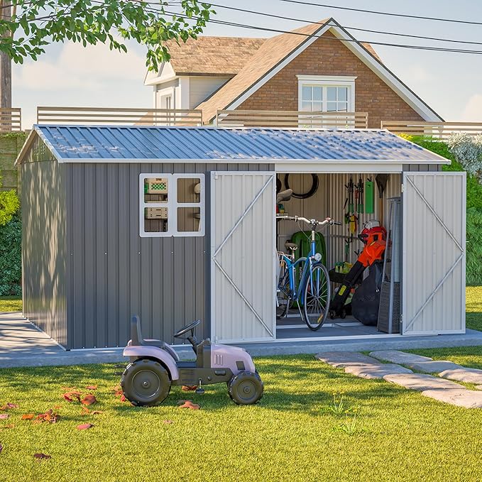 12x10 FT Outdoor Storage Shed with Floor Frame & Window, Heavy Duty Metal Garden Tool Shed with Double Lockable Doors, Waterproof Backyard Utility Shed for Bikes, Lawn Mowers, Tools, Equipment