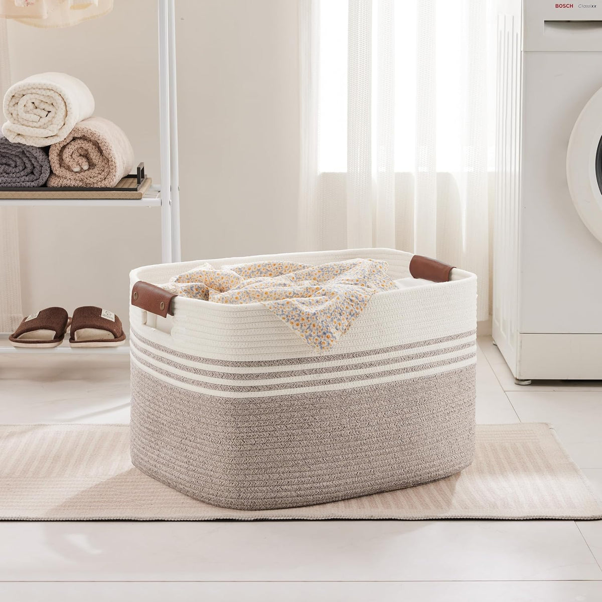 86L Extra Large Laundry Basket with Leather Handles for Living Room Storage, Woven Rope Baskets for Blanket, Kids Toy, Gifts, Wicker Hamper for Bedroom Dirty Clothes, 24"x16"x14" White Brown