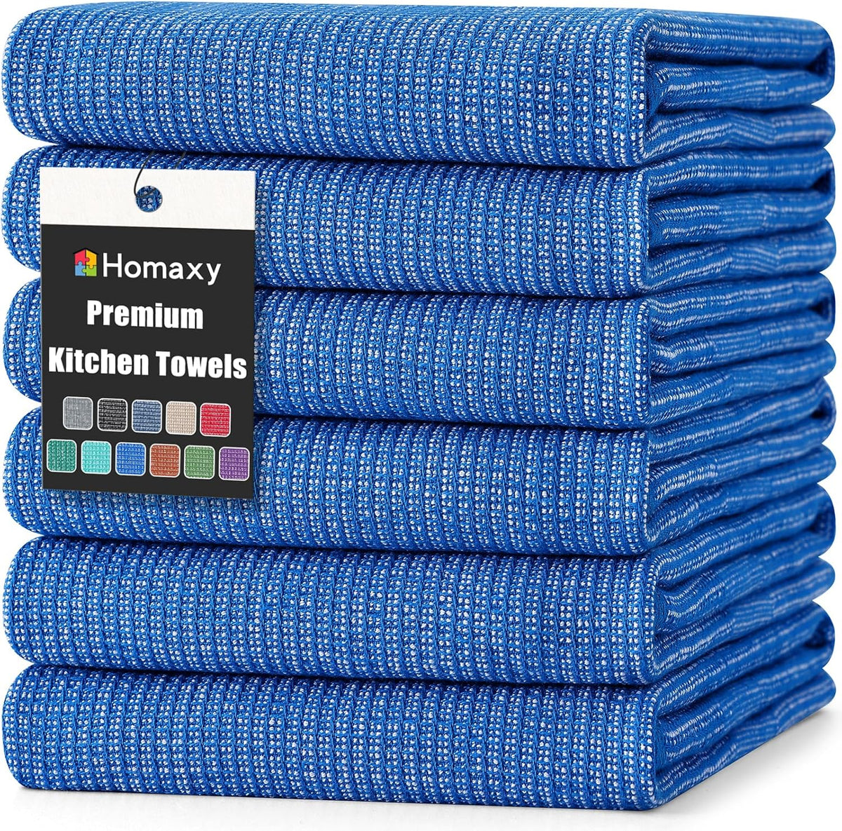 Homaxy Premium Kitchen Towels(18”x 28”, 6 Pack), Large Cotton Kitchen Hand Towels, Flat and Terry Dish Towels, 380 GSM Highly Absorbent Tea Towel Set with Hanging Loop, Blueberry
