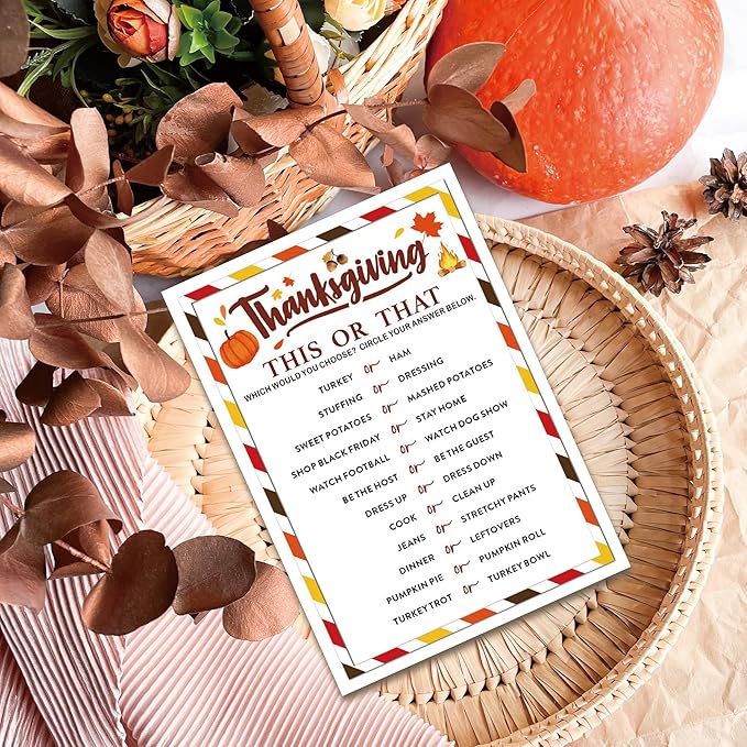 Thanksgiving Party Icebreaker Games Cards - Thanksgiving This or That Game Cards for 30 Guests, Turkey Dinner Party Activity for Teens Adults Party Favor and Supplies, 5 x 7 inches