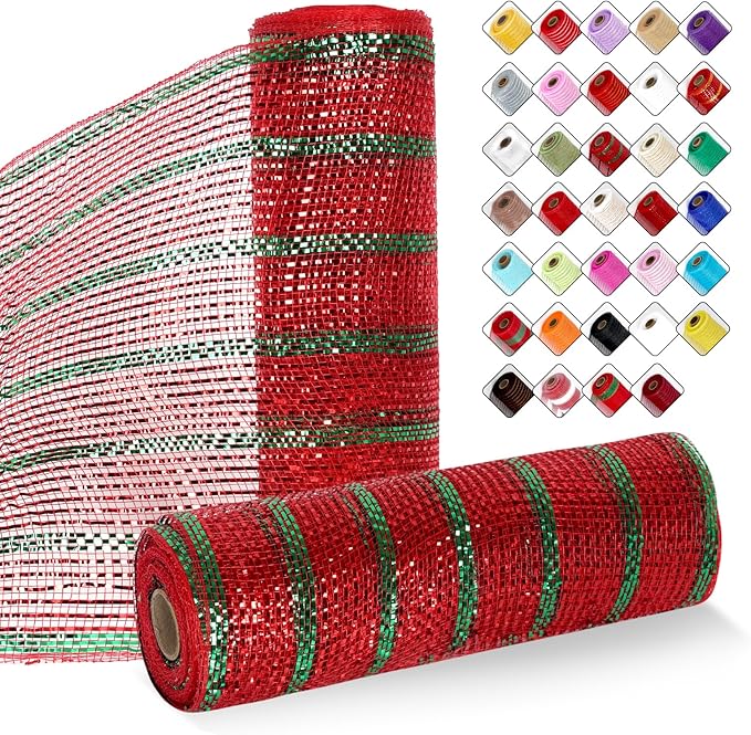 2 Rolls Mesh Ribbon for Wreaths 10 Inch x 30 Foot Wreath Mesh Rolls with Metallic Foil for Easter Christmas Party Wedding Home Decor DIY Craft Projects and Gift Wrapping(Red/Green-Strip)