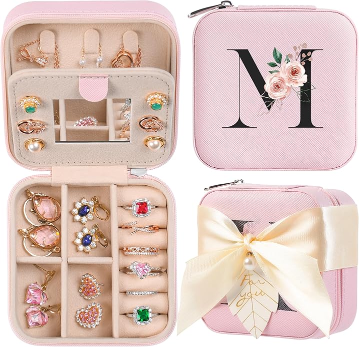 AYGXU Travel Jewelry Box for Women and Girls - Small Case With Initial A-Z - Teacher Gifts