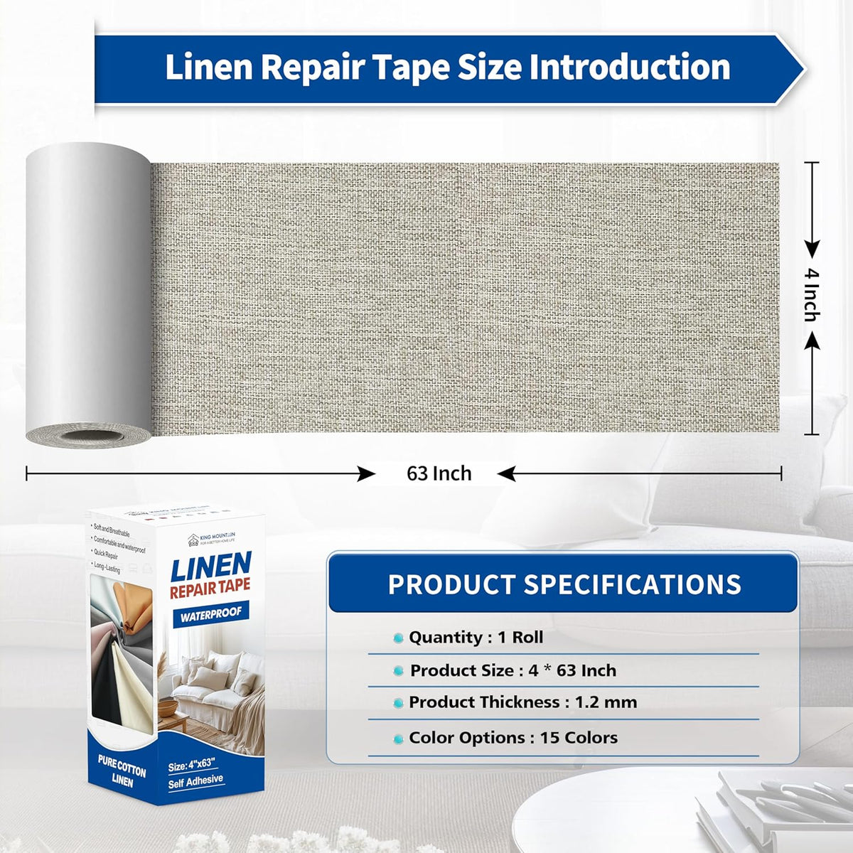 KING MOUNTAIN Linen Repair Patches, Self-Adhesive Fabric Patches, 4 X 63 inch Extra Size, Multi Color, Can be Used for Sofa Repair and Linen Clothes Repair (Cream-Gray 1.0)