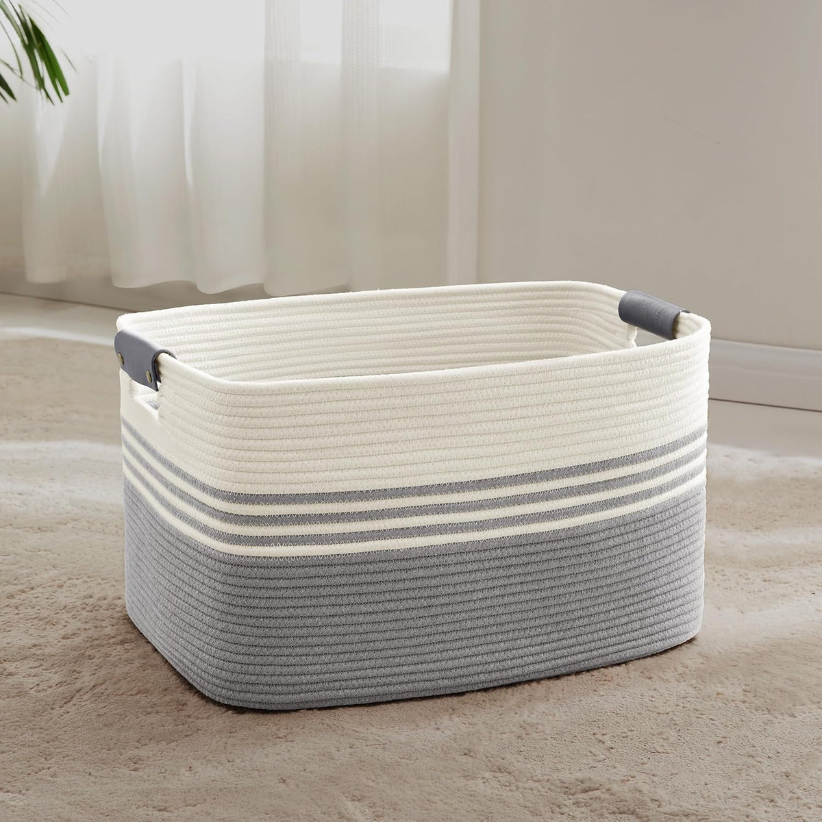 60L Large Laundry Basket with Leather Handles for Living Room Storage, Woven Rope Baskets Bin for Blanket, Kids Toy, Gifts, Wicker Hamper for Bedroom Dirty Clothes, 21"x15"x11" White Grey
