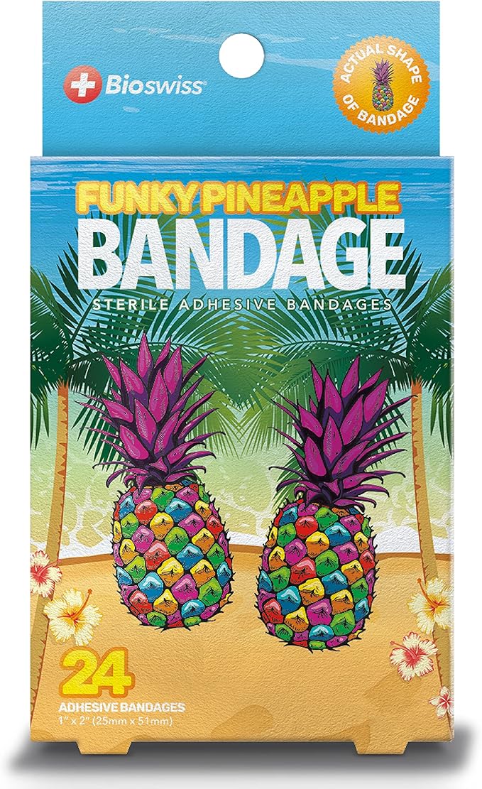 BioSwiss Bandages, Funky Pineapple Shaped Self Adhesive Bandage, Latex Free Sterile Wound Care, Fun First Aid Kit Supplies for Kids, 24 Count