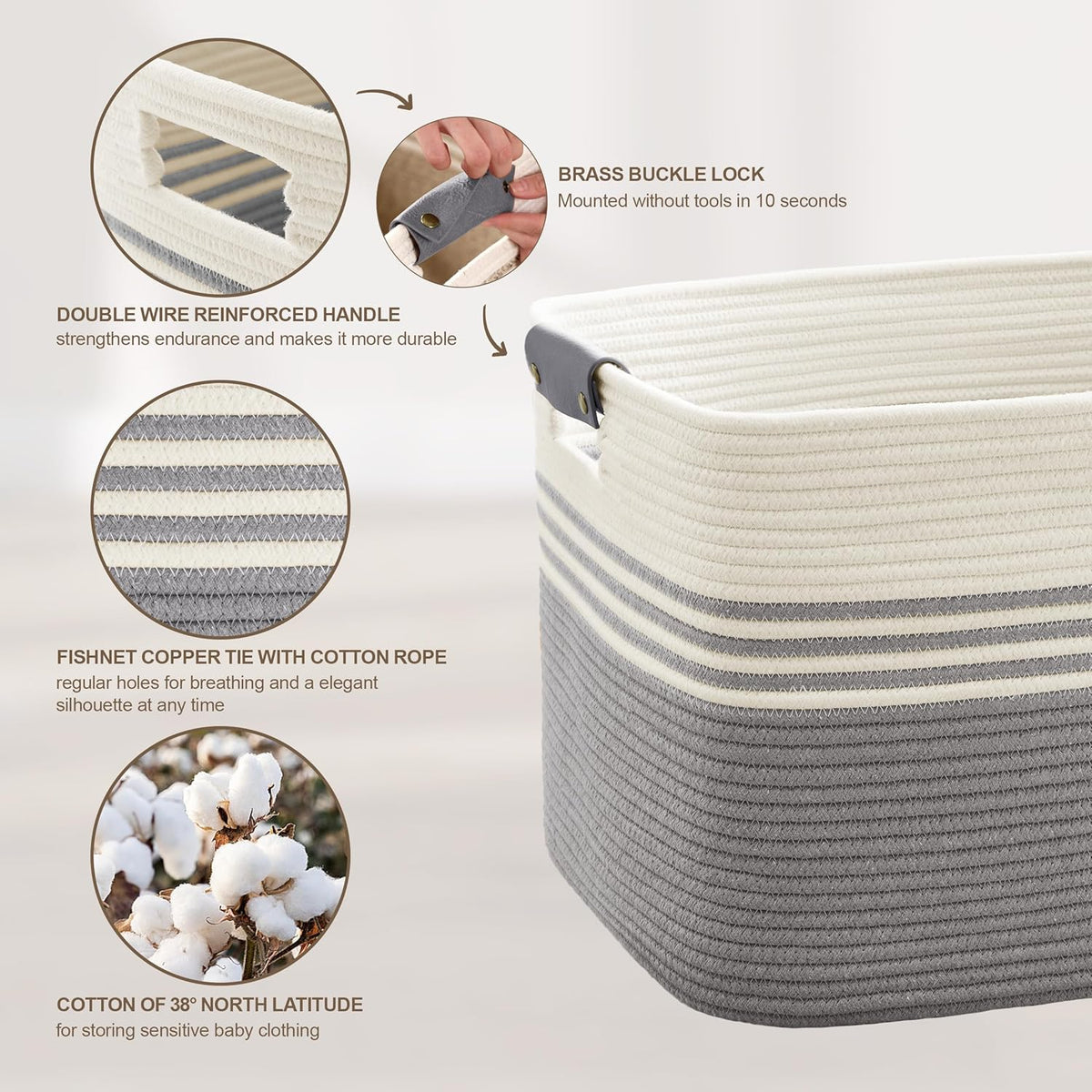 60L Large Laundry Basket with Leather Handles for Living Room Storage, Woven Rope Baskets Bin for Blanket, Kids Toy, Gifts, Wicker Hamper for Bedroom Dirty Clothes, 21"x15"x11" White Grey